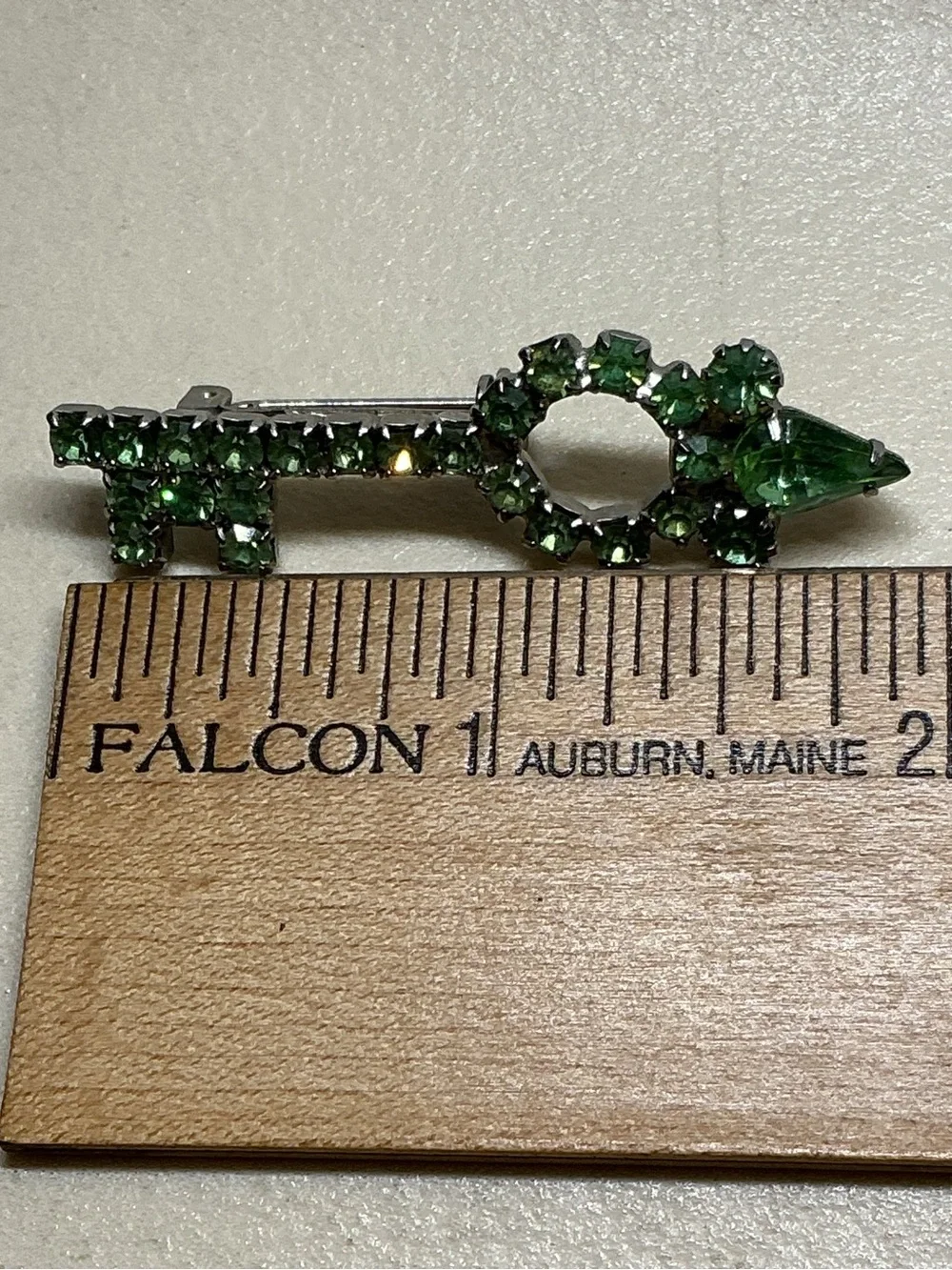Vintage Green Rhinestone Key Brooch